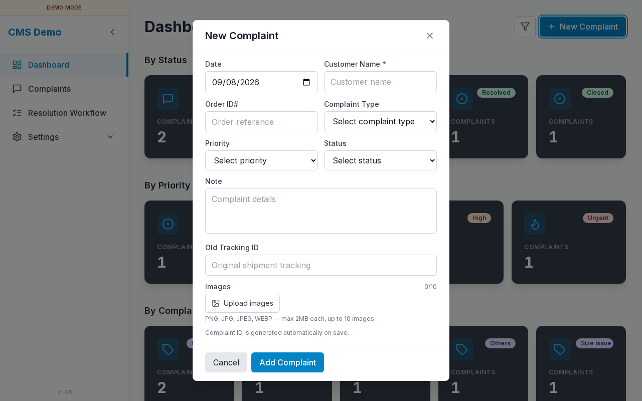 New Complaint modal