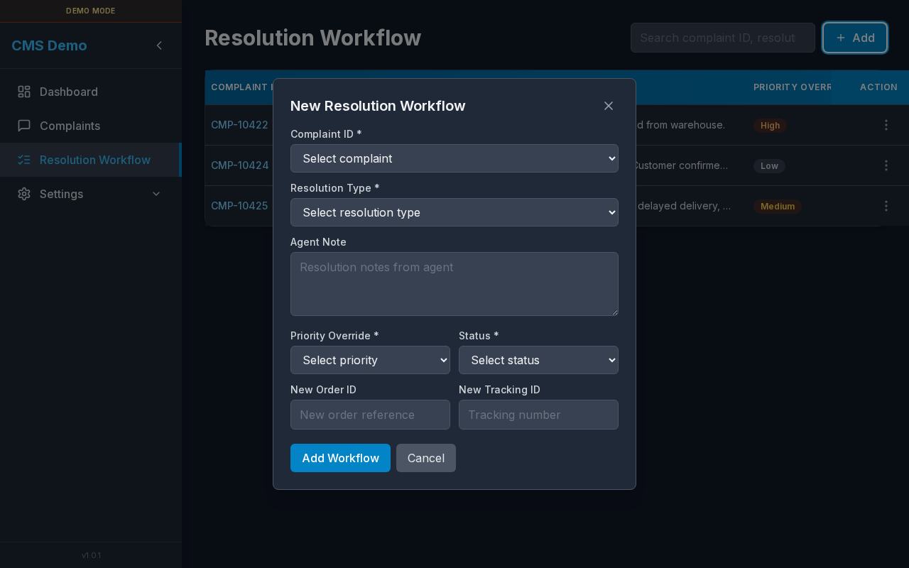 New Resolution Workflow modal