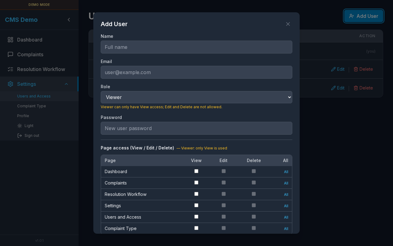 Add User modal