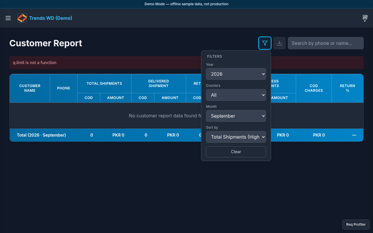 Customer Report filters