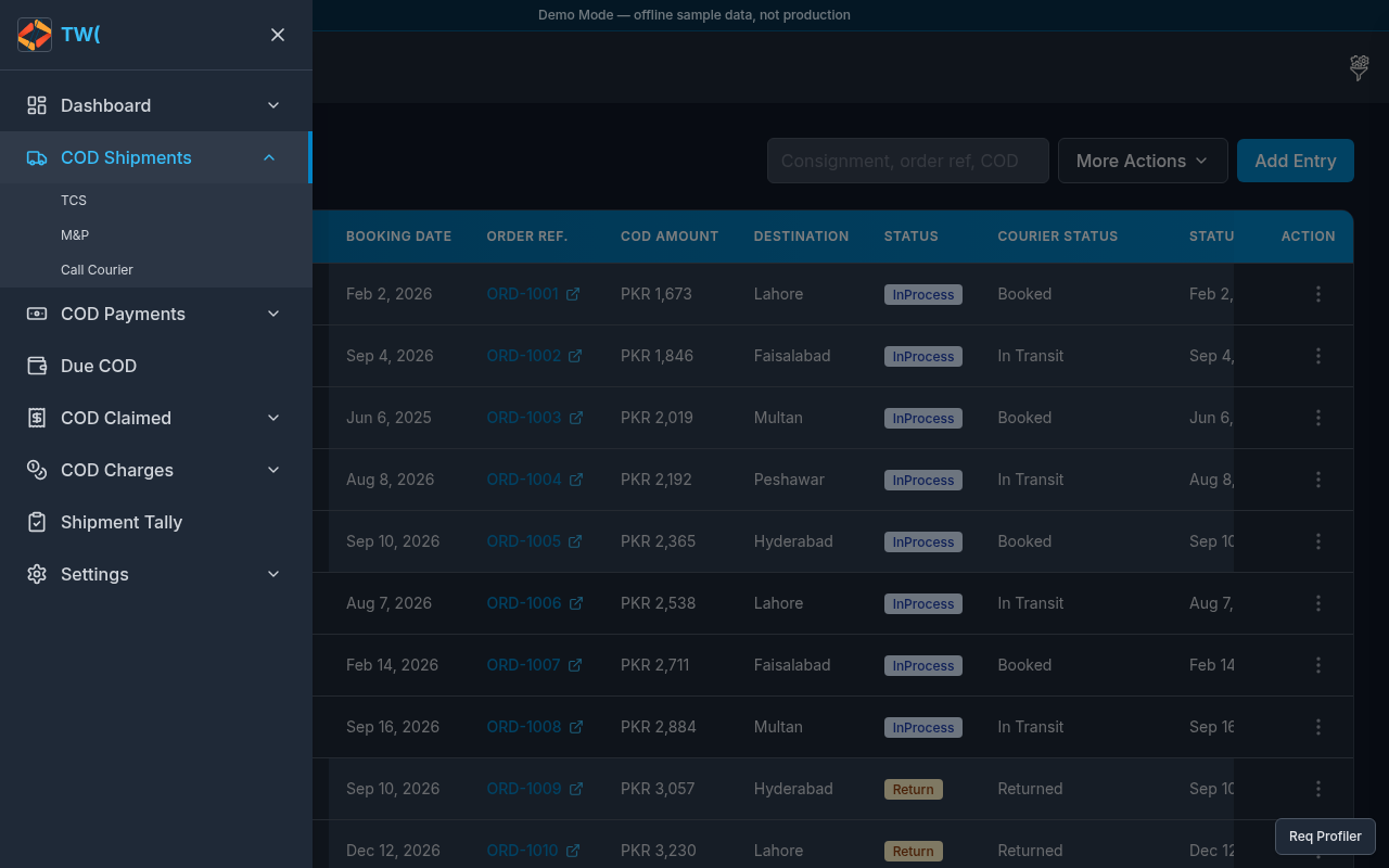 COD Shipments nav menu