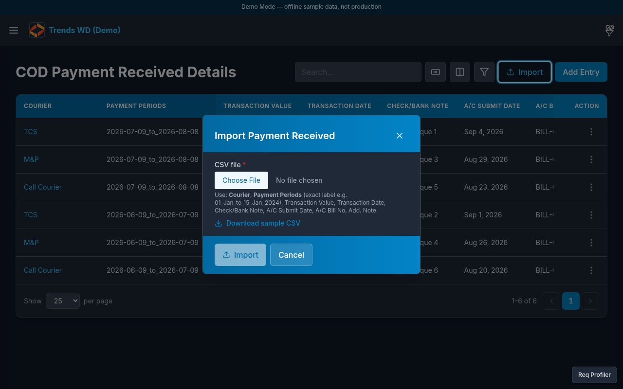 Payment Received import modal