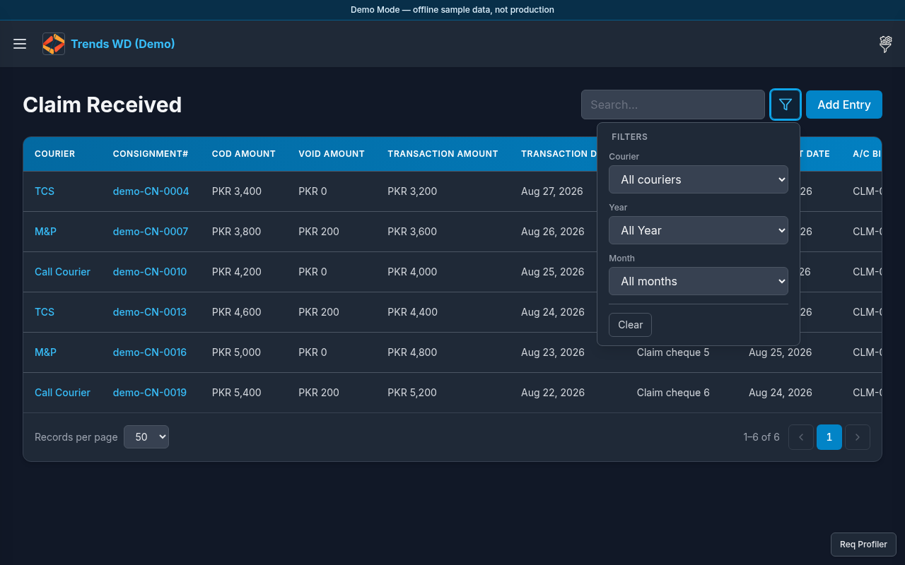 Claim Received filters