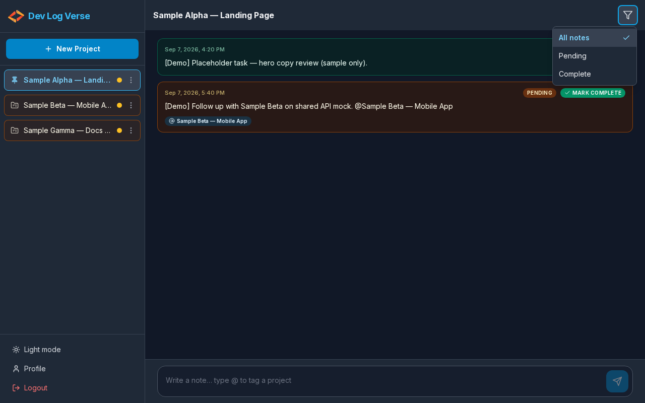 Note filter menu