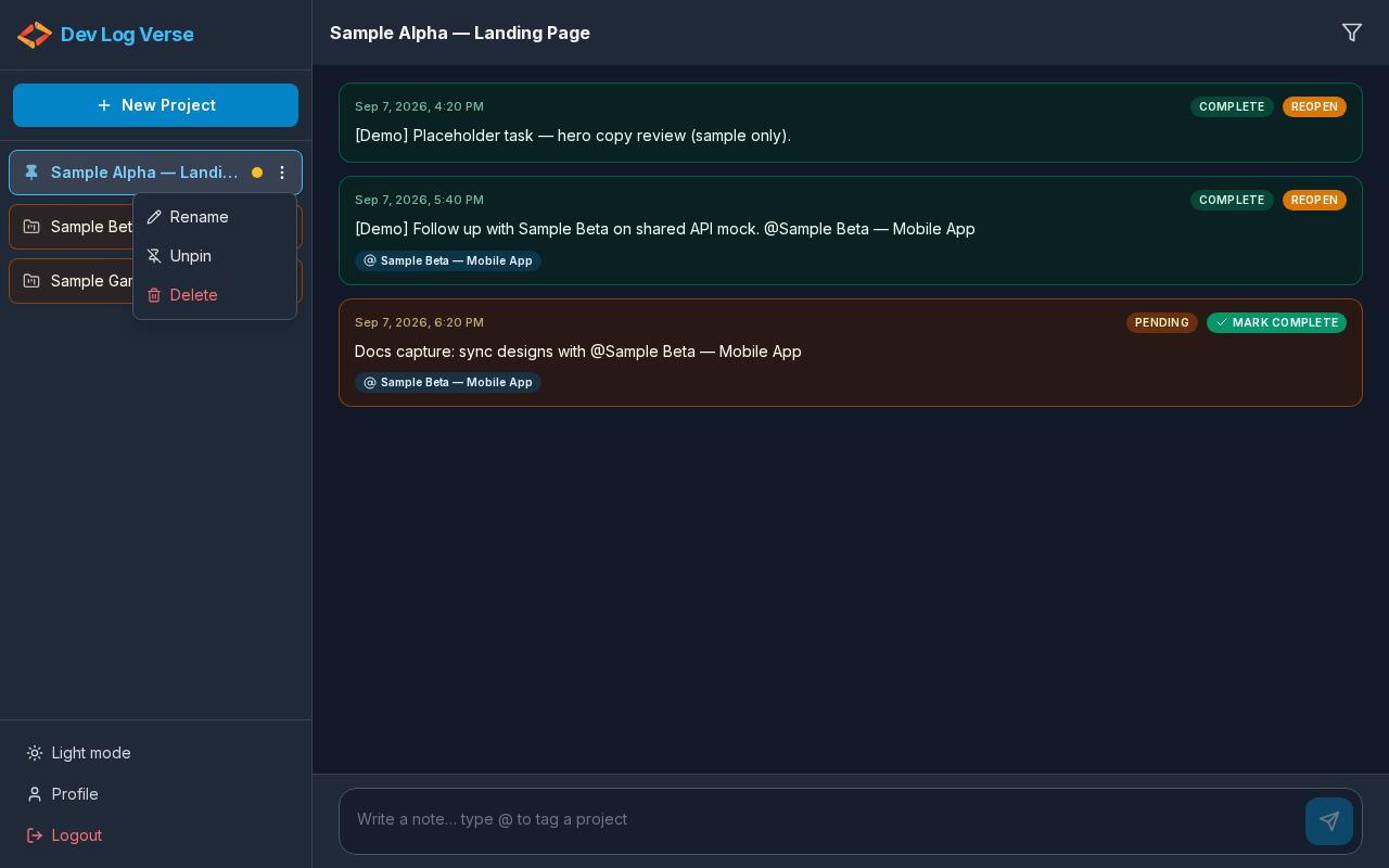 Project actions menu