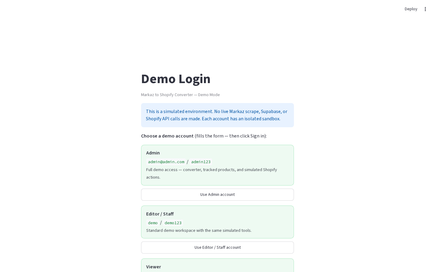 Demo login screen