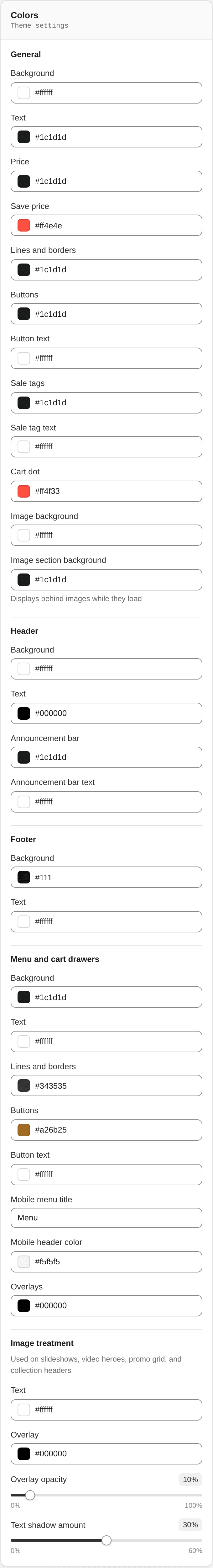 Colors settings