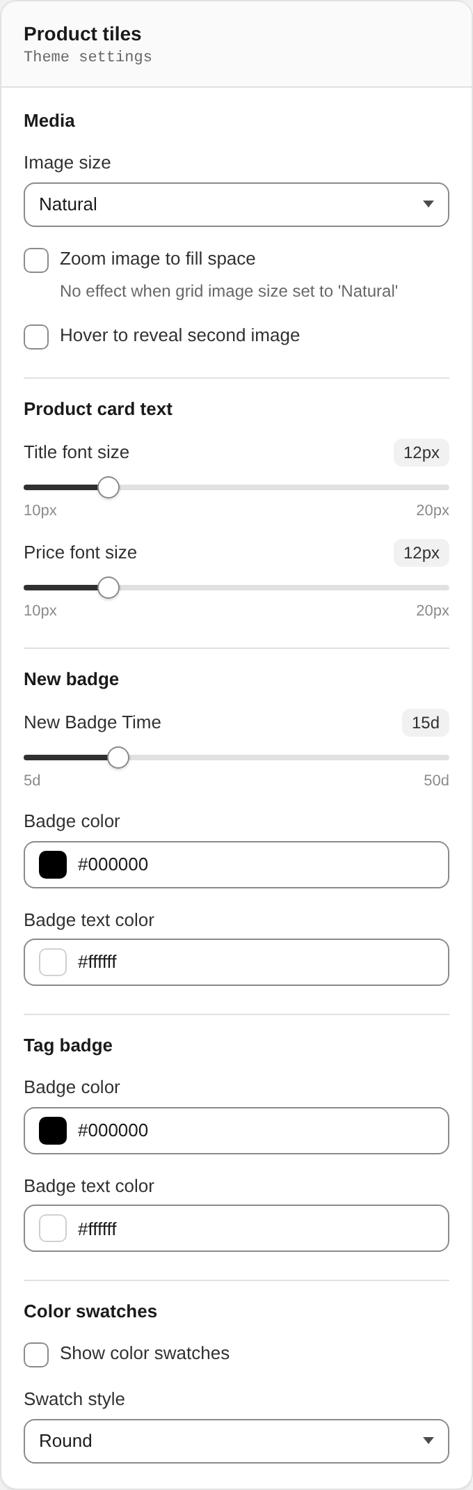Product tiles settings