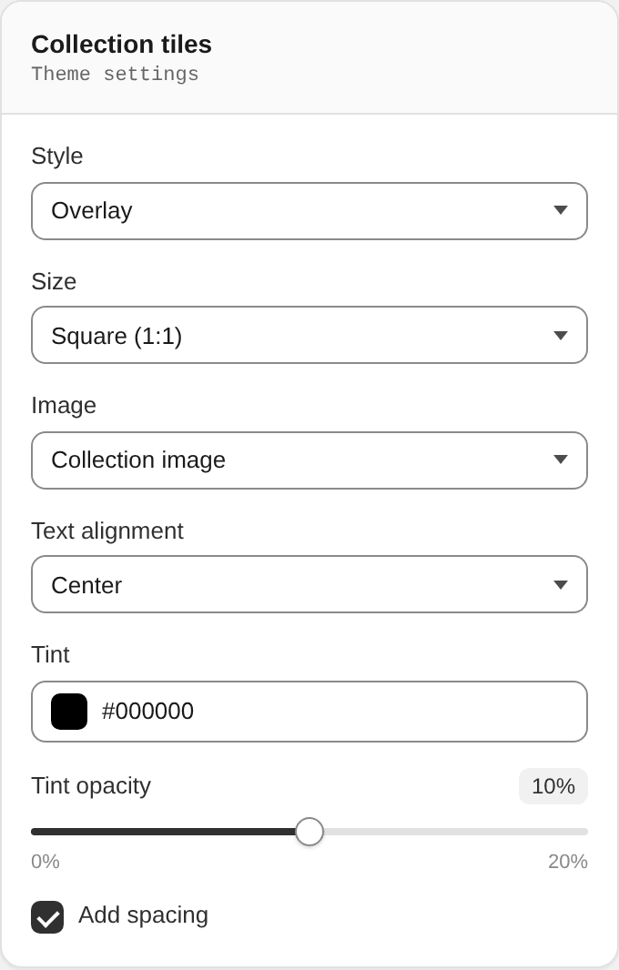 Collection tiles settings