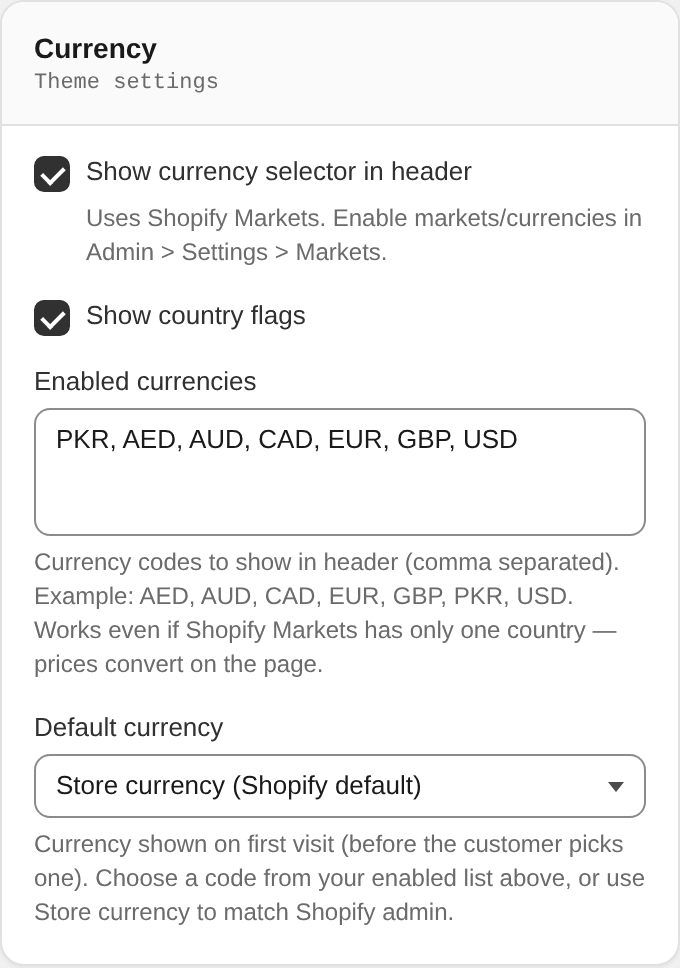 Currency settings