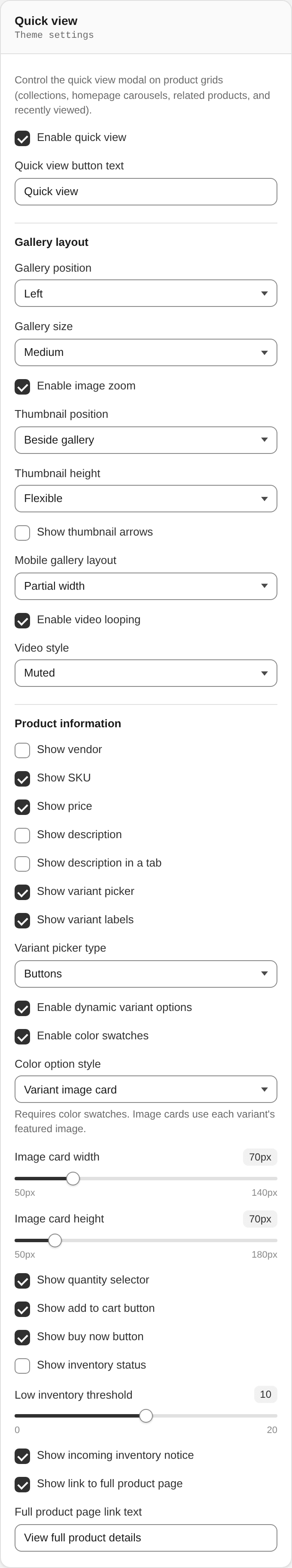 Quick view settings