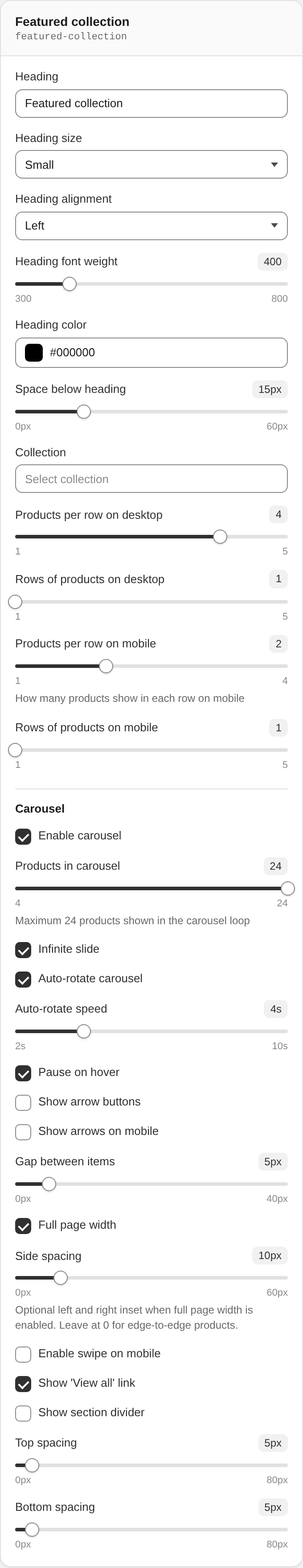 Featured collection settings