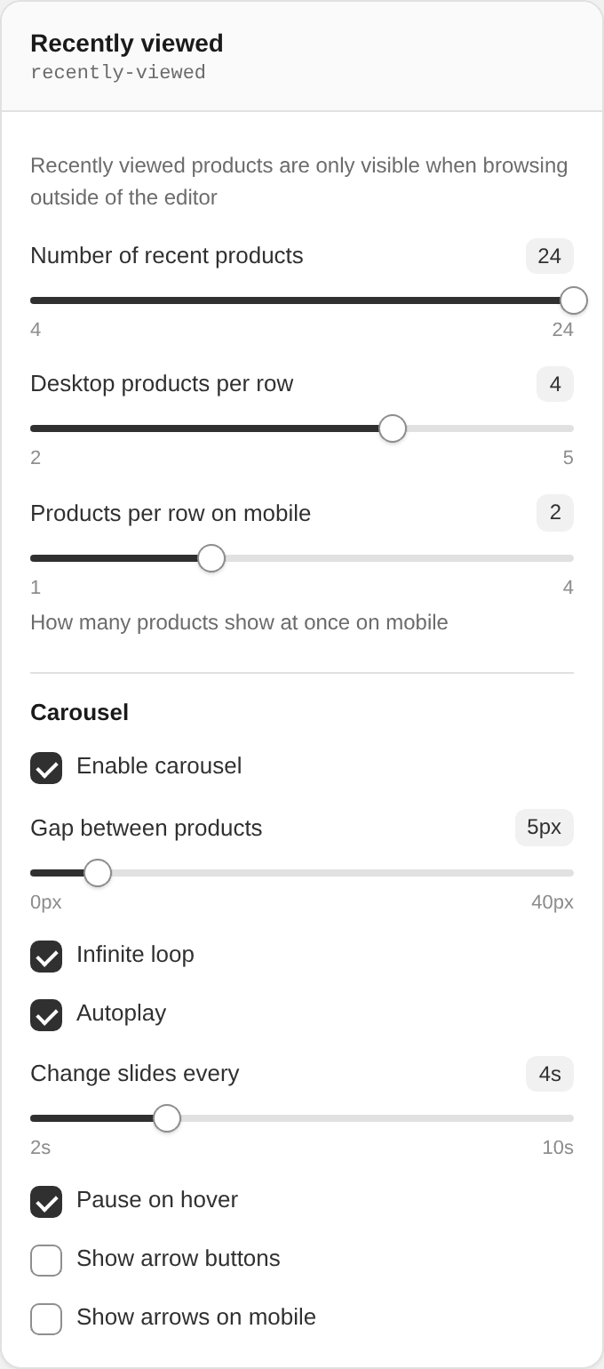 Recently viewed settings