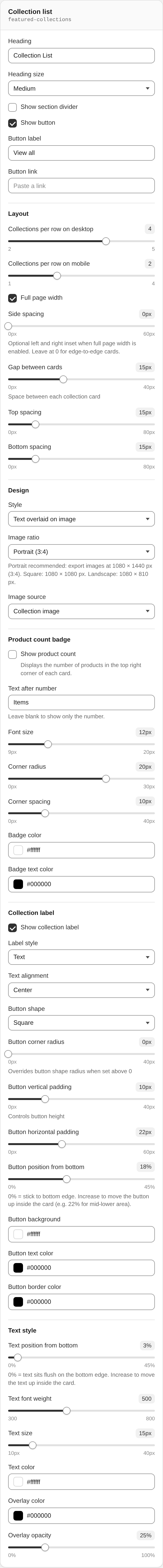 Collection list settings