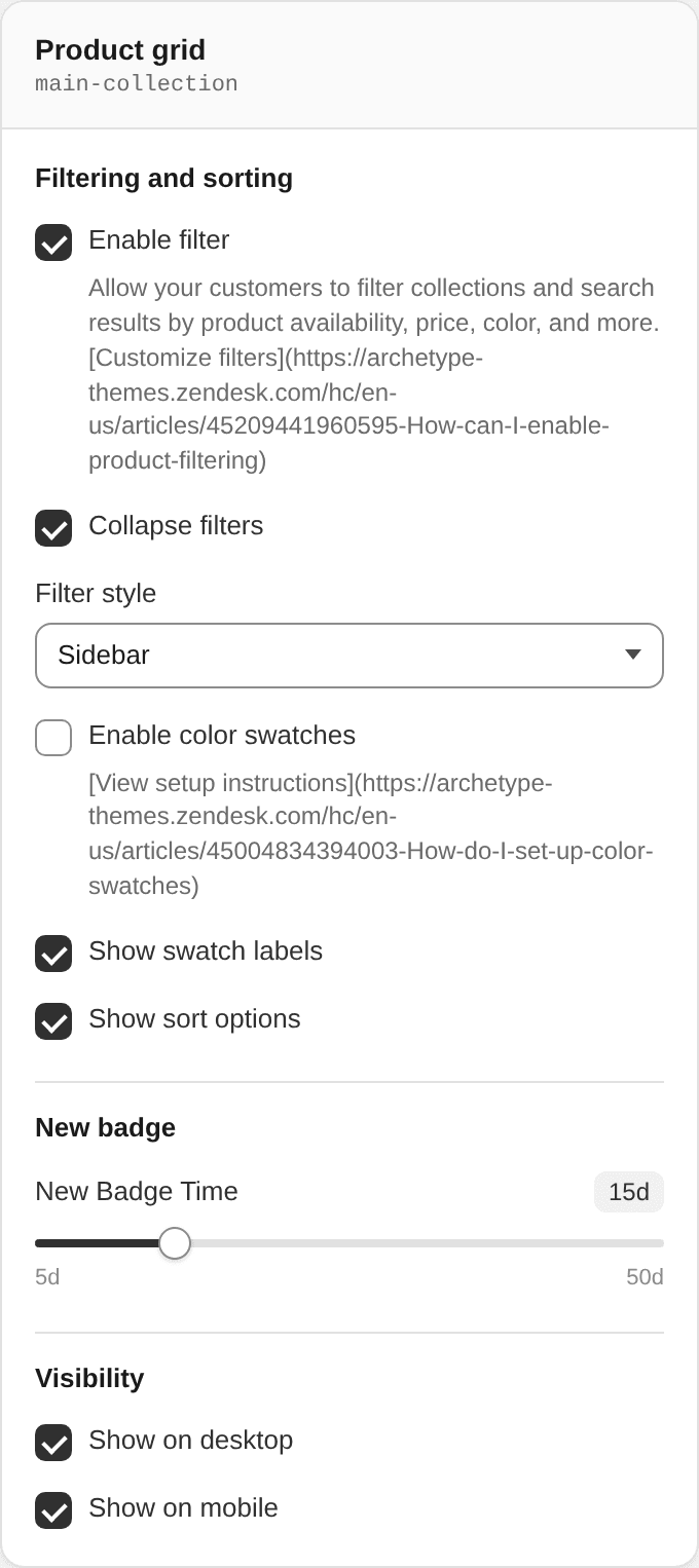 Product grid settings