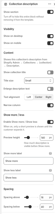 Collection description settings