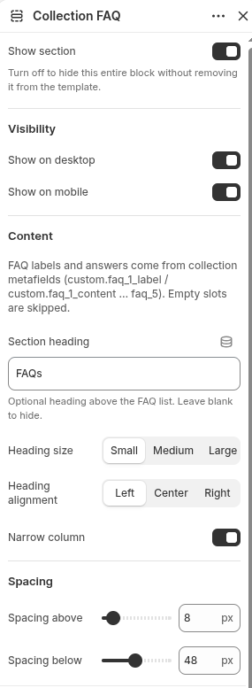 Collection FAQ settings