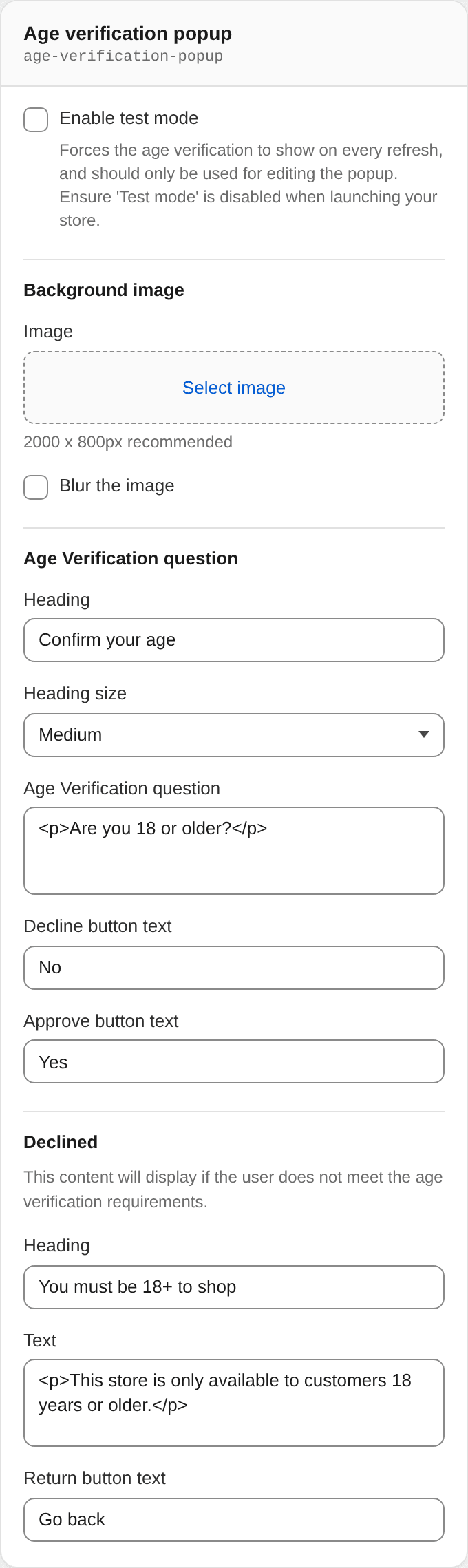 Age verification popup settings