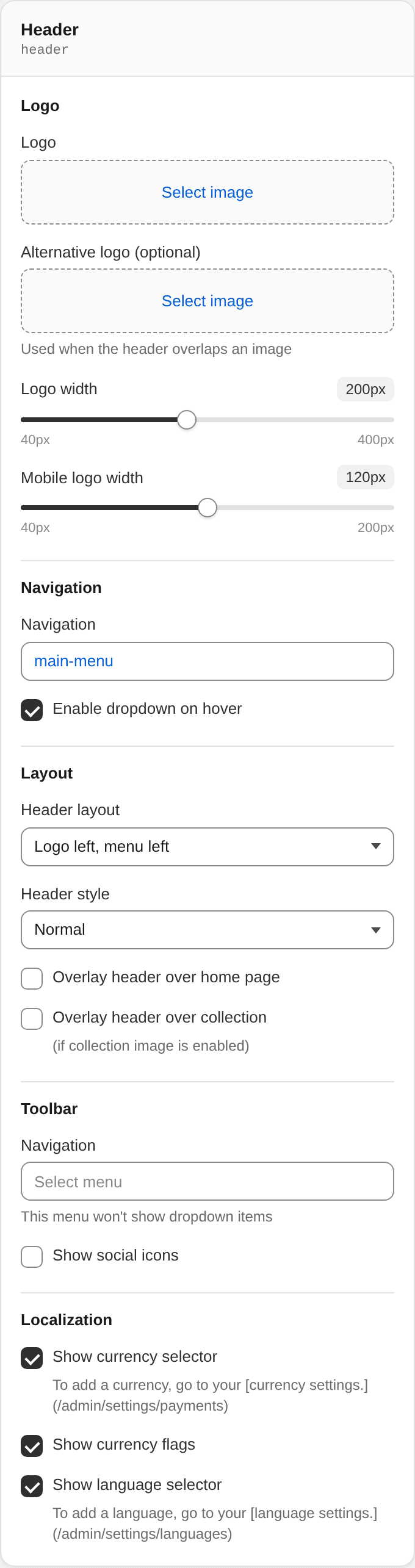 Header settings