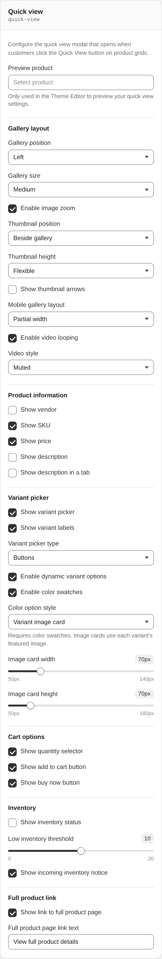 Quick view settings