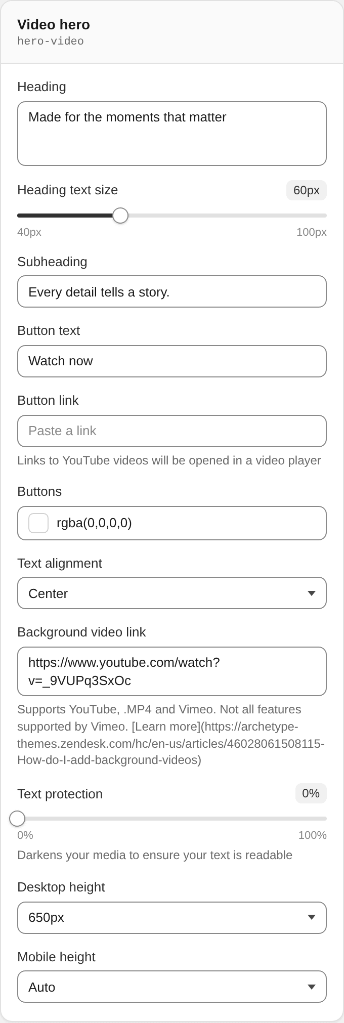 Video hero settings