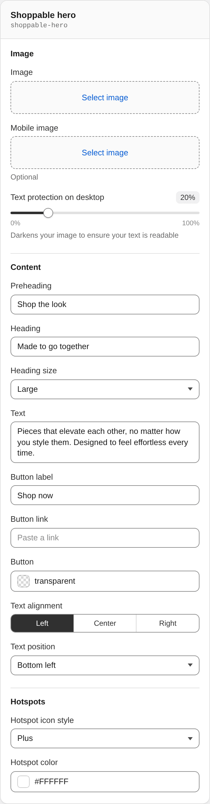 Shoppable hero settings
