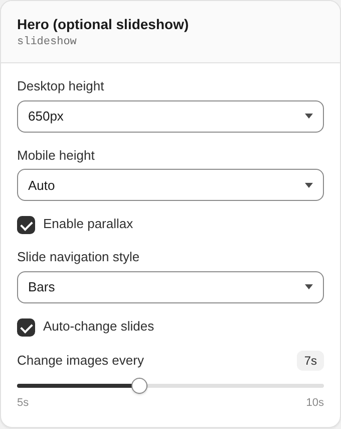Hero (optional slideshow) settings