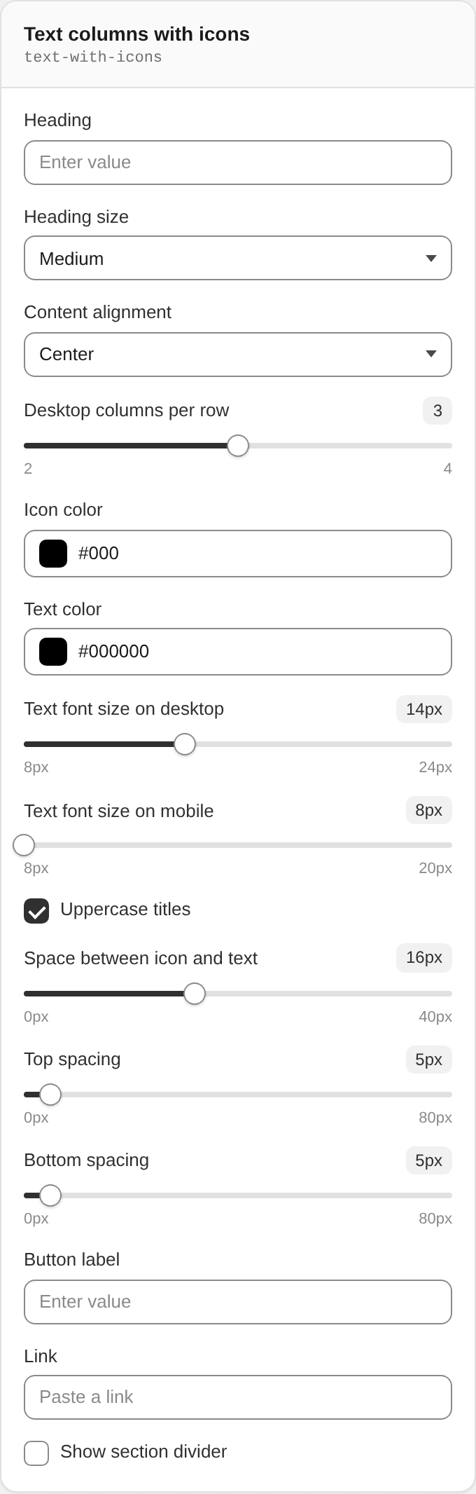 Text columns with icons settings