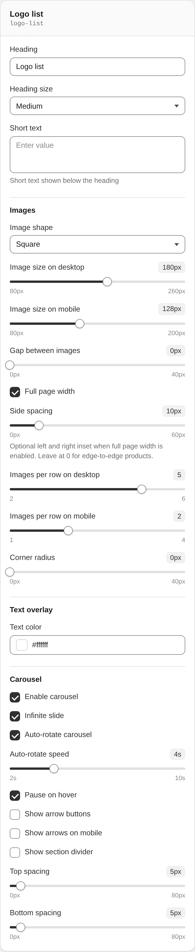 Logo list settings