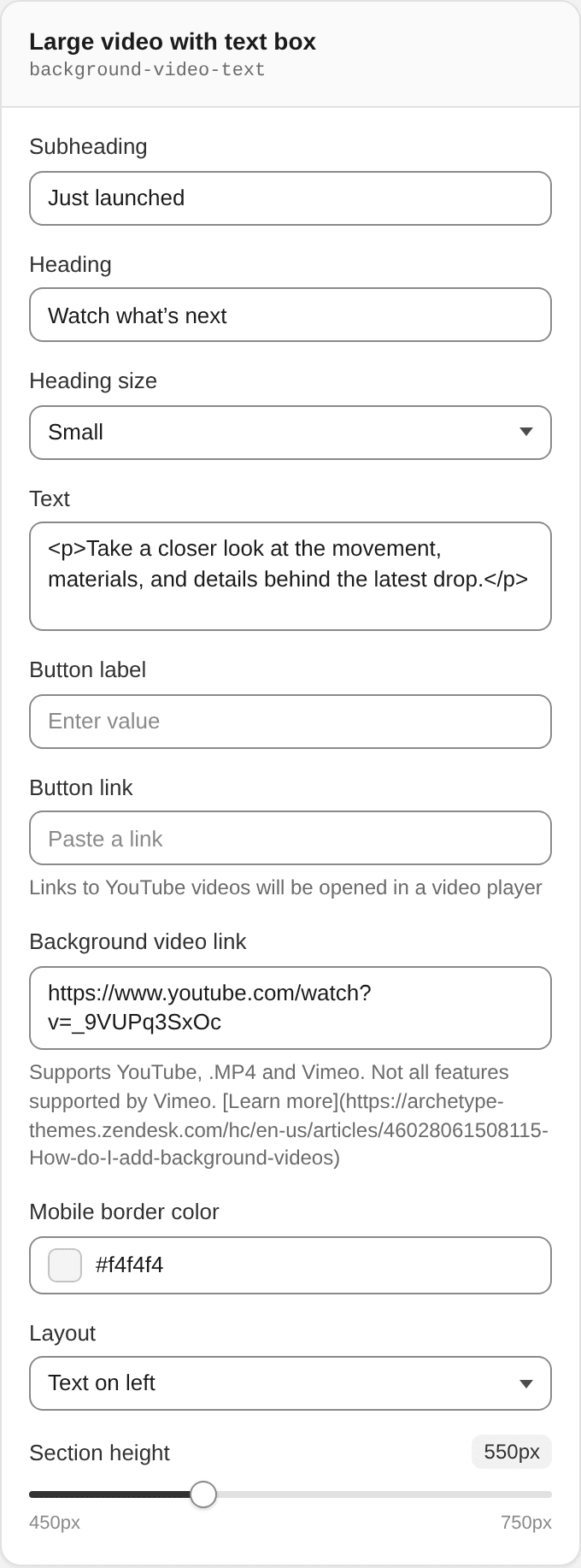 Large video with text box settings