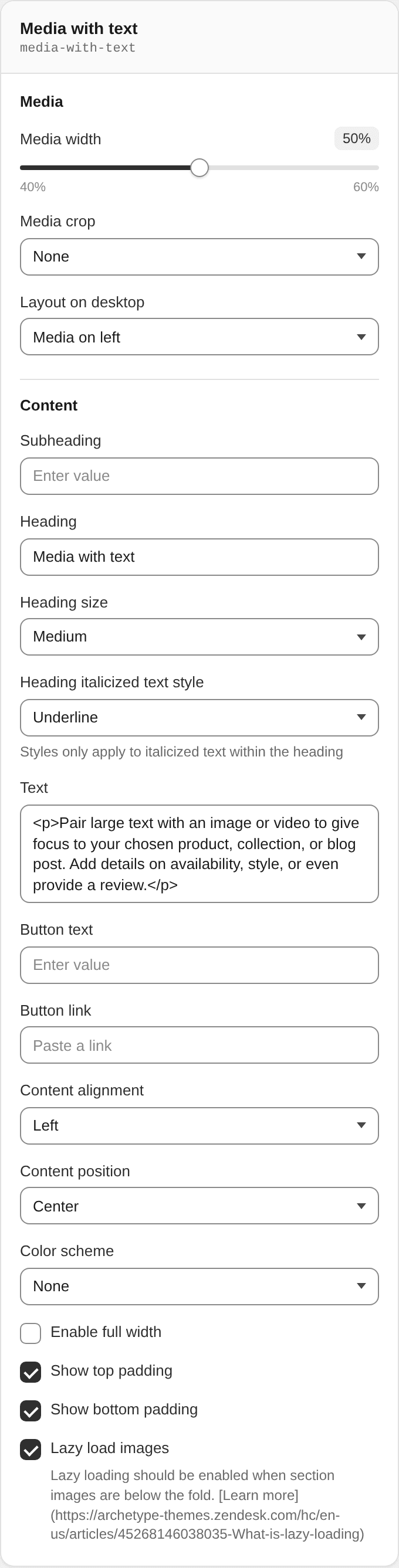 Media with text settings