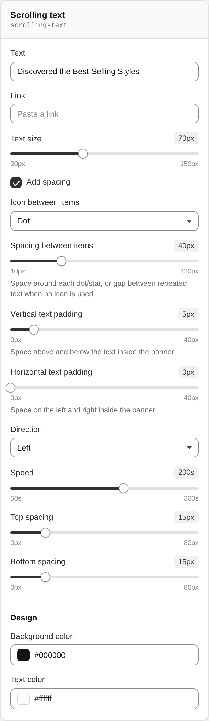 Scrolling text settings