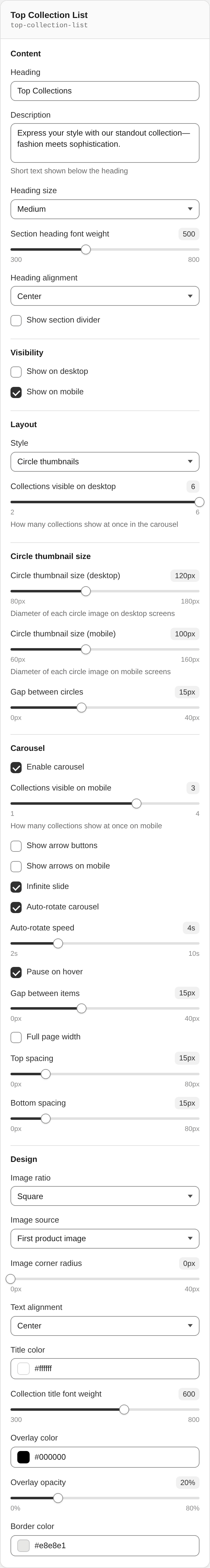 Top Collection List settings