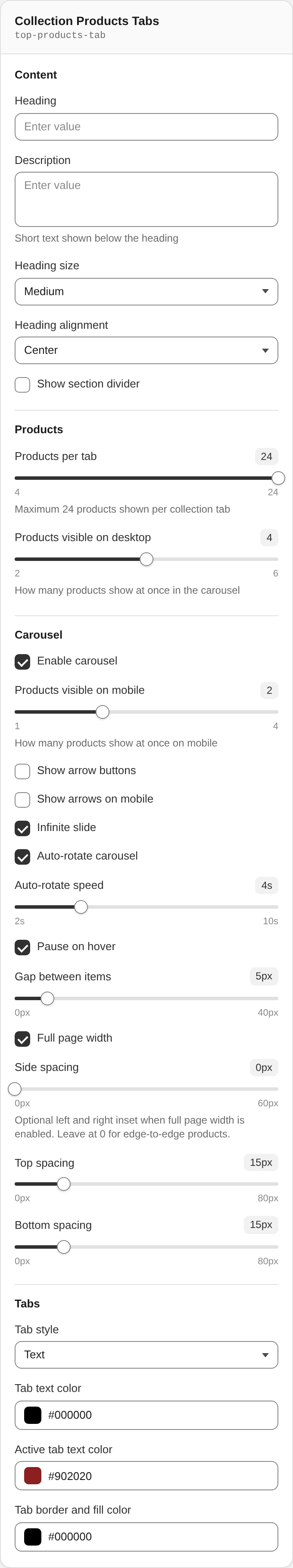 Collection Products Tabs settings