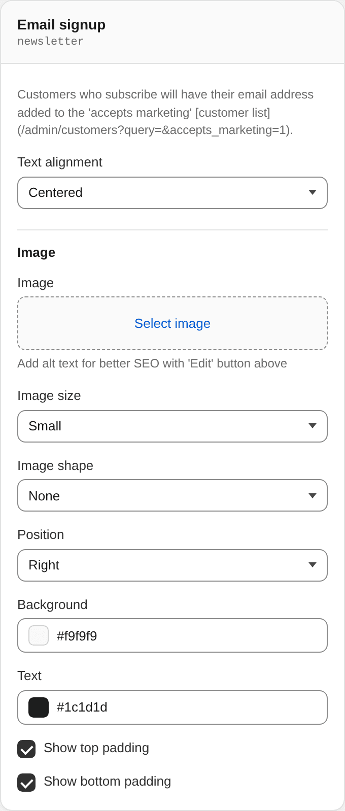 Email signup settings