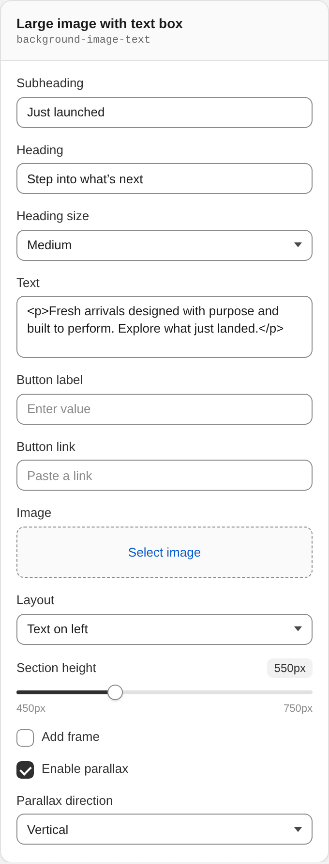 Large image with text box settings