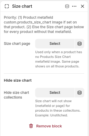 Size chart settings