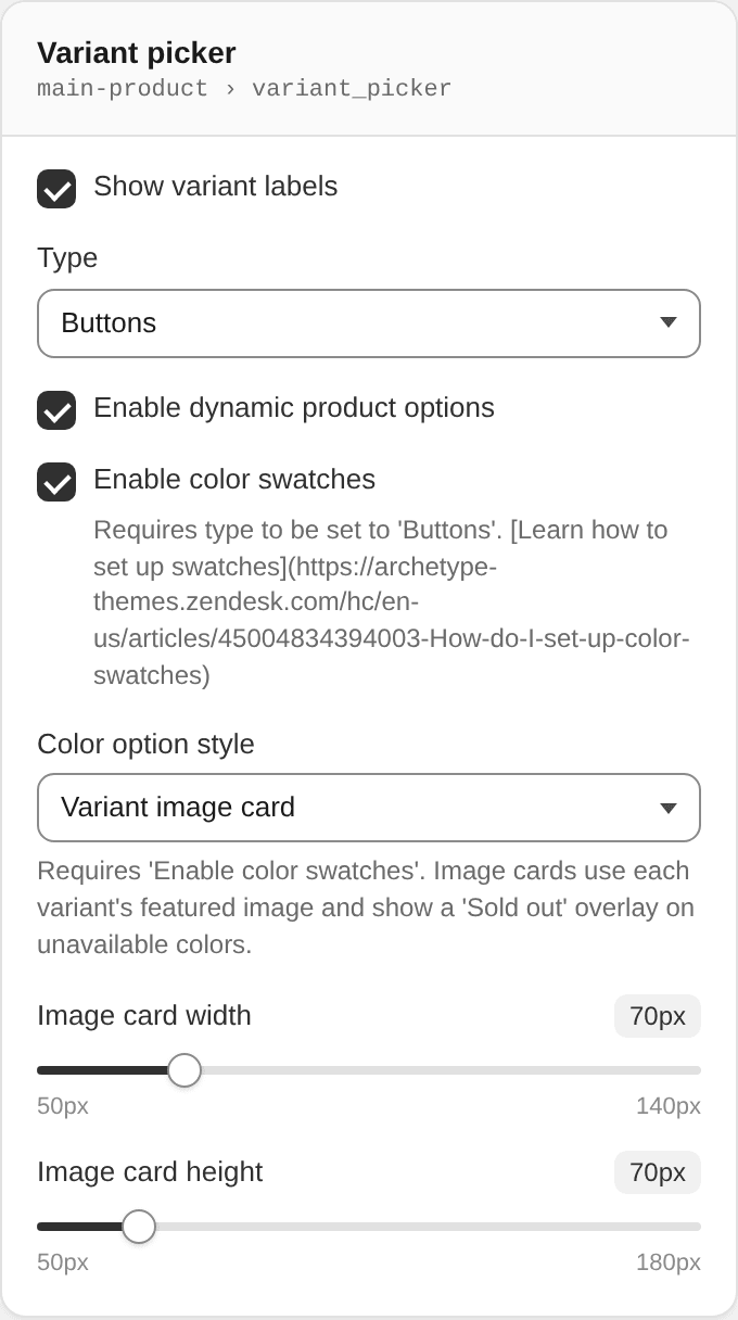 Variant picker settings