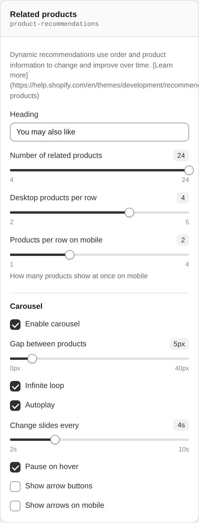 Related products settings