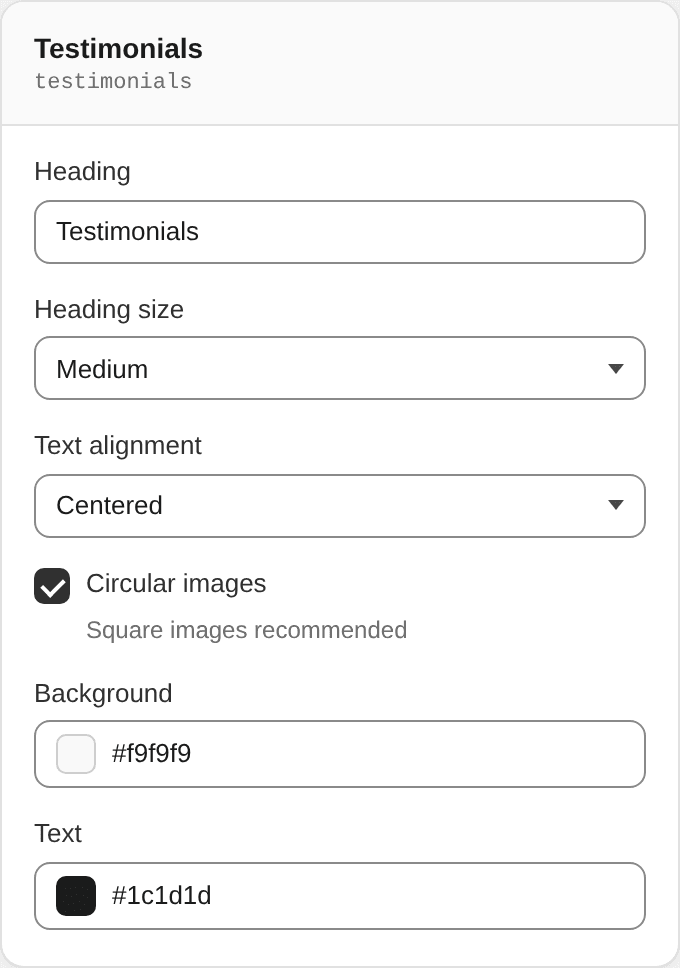 Testimonials settings
