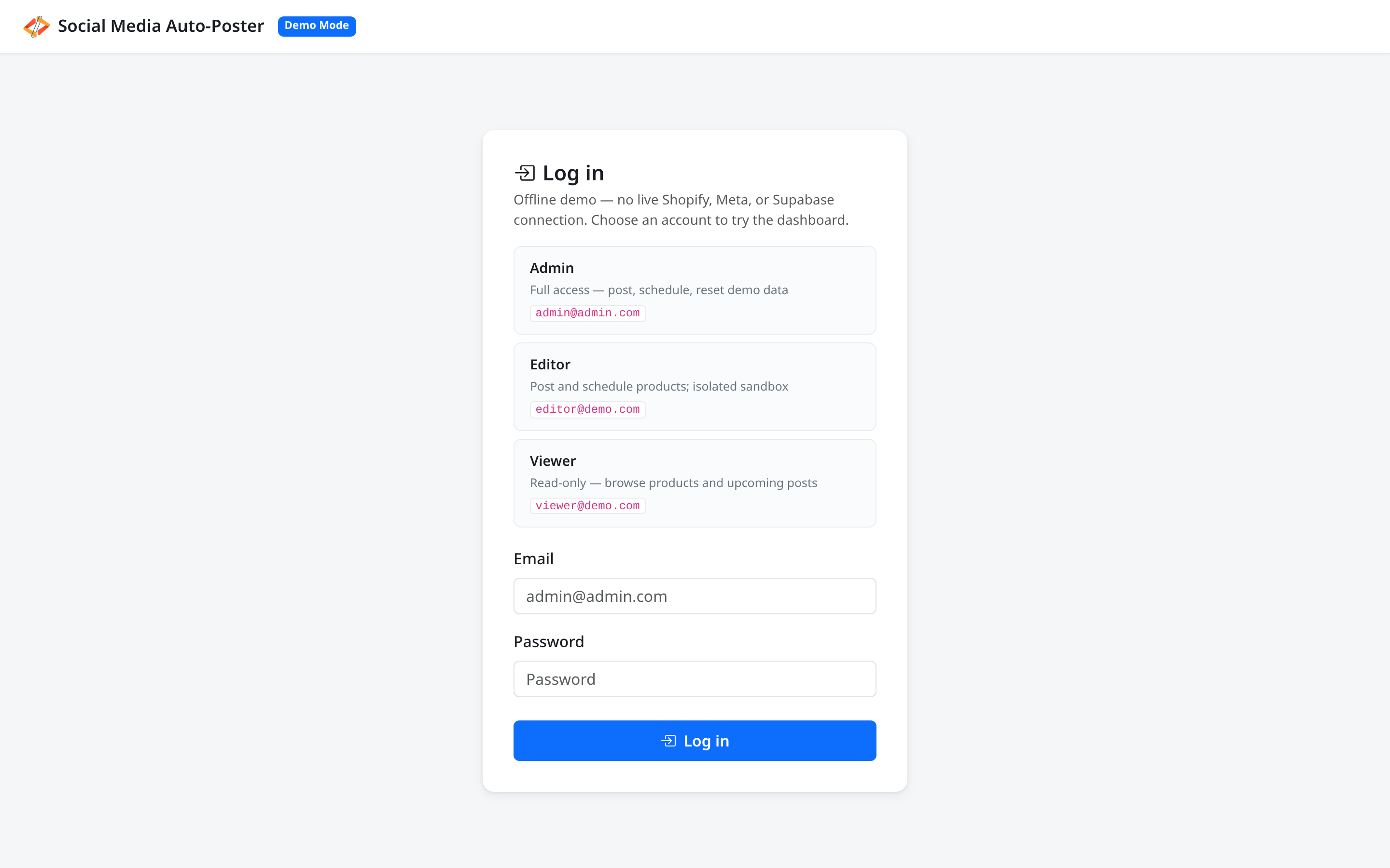 Login page with demo account cards